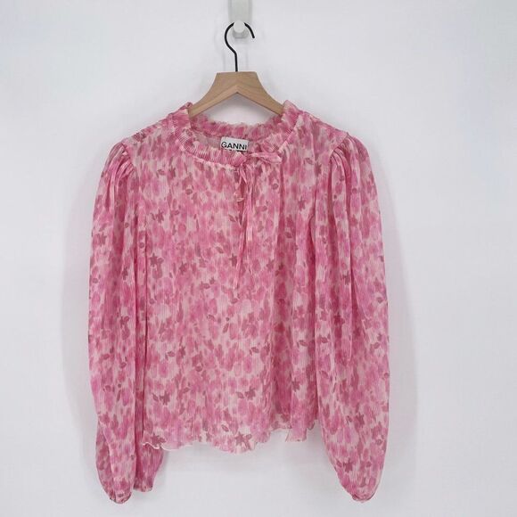 Ganni Floral Print Plisse Balloon Sleeve Georgette Blouse Floral Pink 36 US 0 - Picture 3 of 9